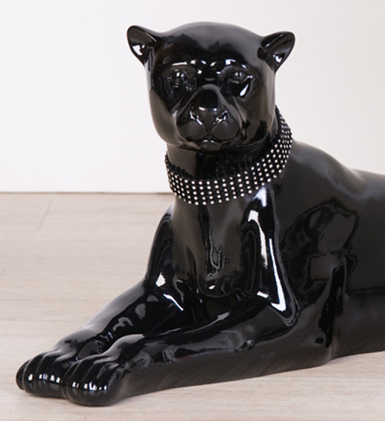 Skulptur Panther MIRA mit Strass Halsband schwarz Hochglanz