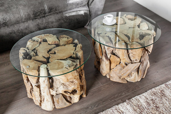 Couchtisch mit Glasplatte natur Teak Massivholz 60cm