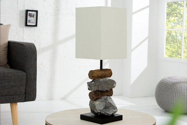 Design Tischlampe weiß Treibholz und Gestein