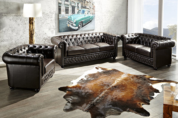 Design Couch CHESTERFIELD 3er dark coffee Kunstleder 210cm