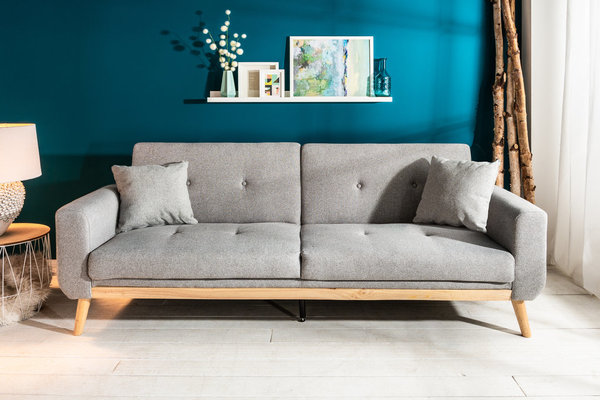 Sofa hellgrau Strukturstoff 215cm mit Schlaffunktion