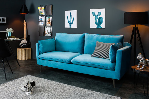 Sofa hellblau Samt 210cm Metall Polstercouch