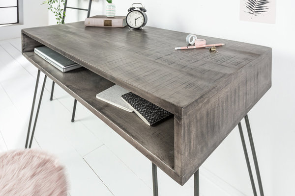 Schreibtisch 100cm grau Mango Massivholz Industriedesign