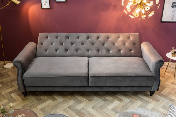 Sofa grau Samt 220cm Retro Design mit Schlaffunktion