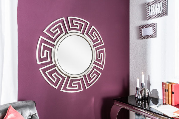 Wandspiegel silber rund 85cm Metall eckiges Muster Spiegel