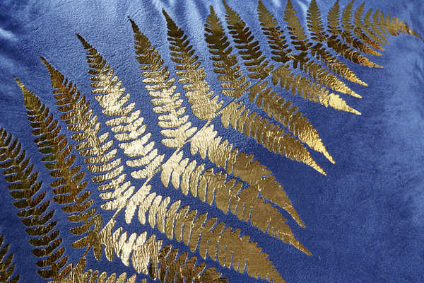 Kissen dunkelblau Samt gold Farnblatt 40x40cm