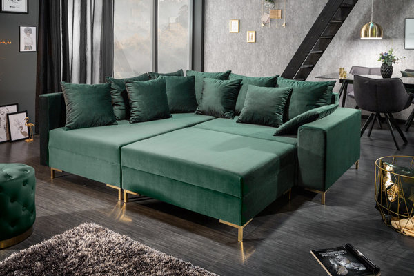 Eck-Sofa smaragdgrün Samt 220cm mit Hocker