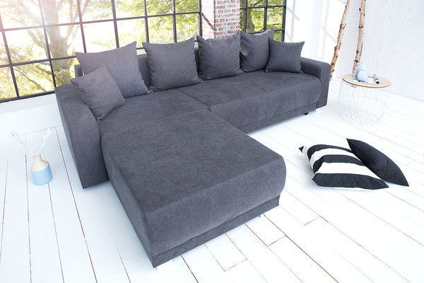 Eck-Sofa grau Flachgewebe 255cm mit Schlaffunktion