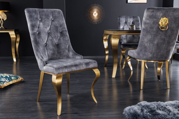 Stuhl Modern Barock grau mit goldenem Löwenkopf