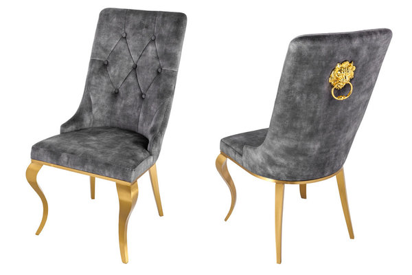 Stuhl Modern Barock grau mit goldenem Löwenkopf